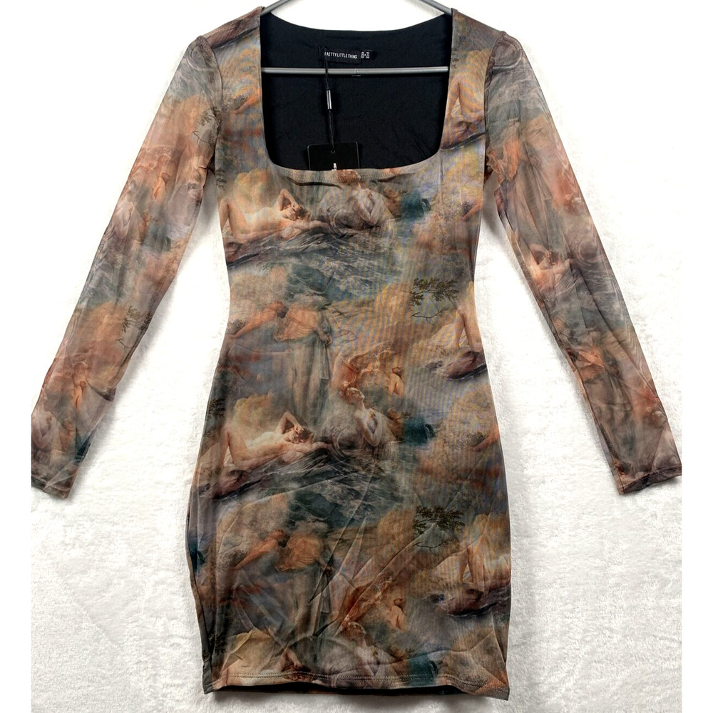 Pretty Little Thing Shape Nude Renaissance Print Mesh Square Neck Bodycon Size 6